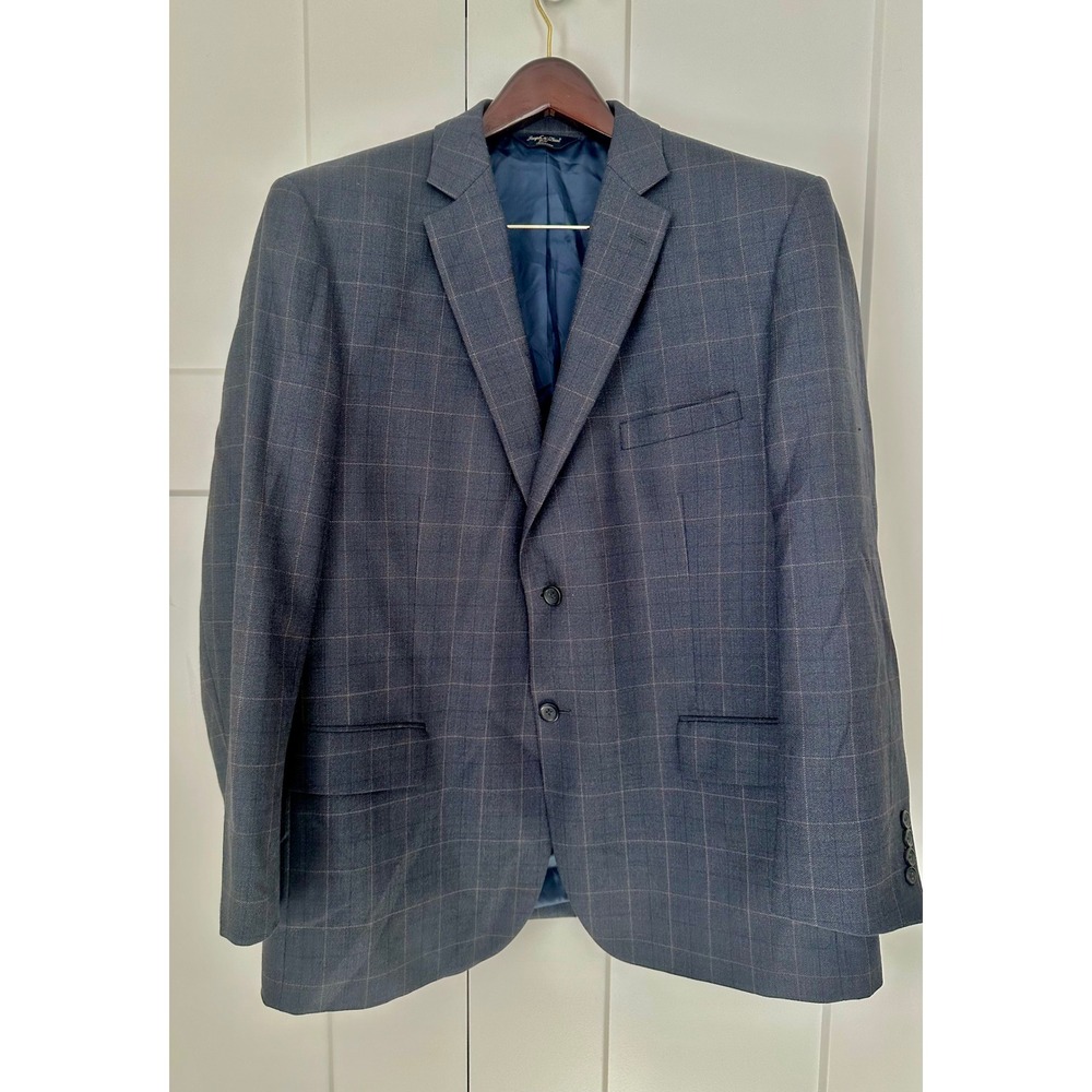 Joseph & Feiss Gold Mens 48R Wool Blazer Gray Windowpane Plaid Sport Coat